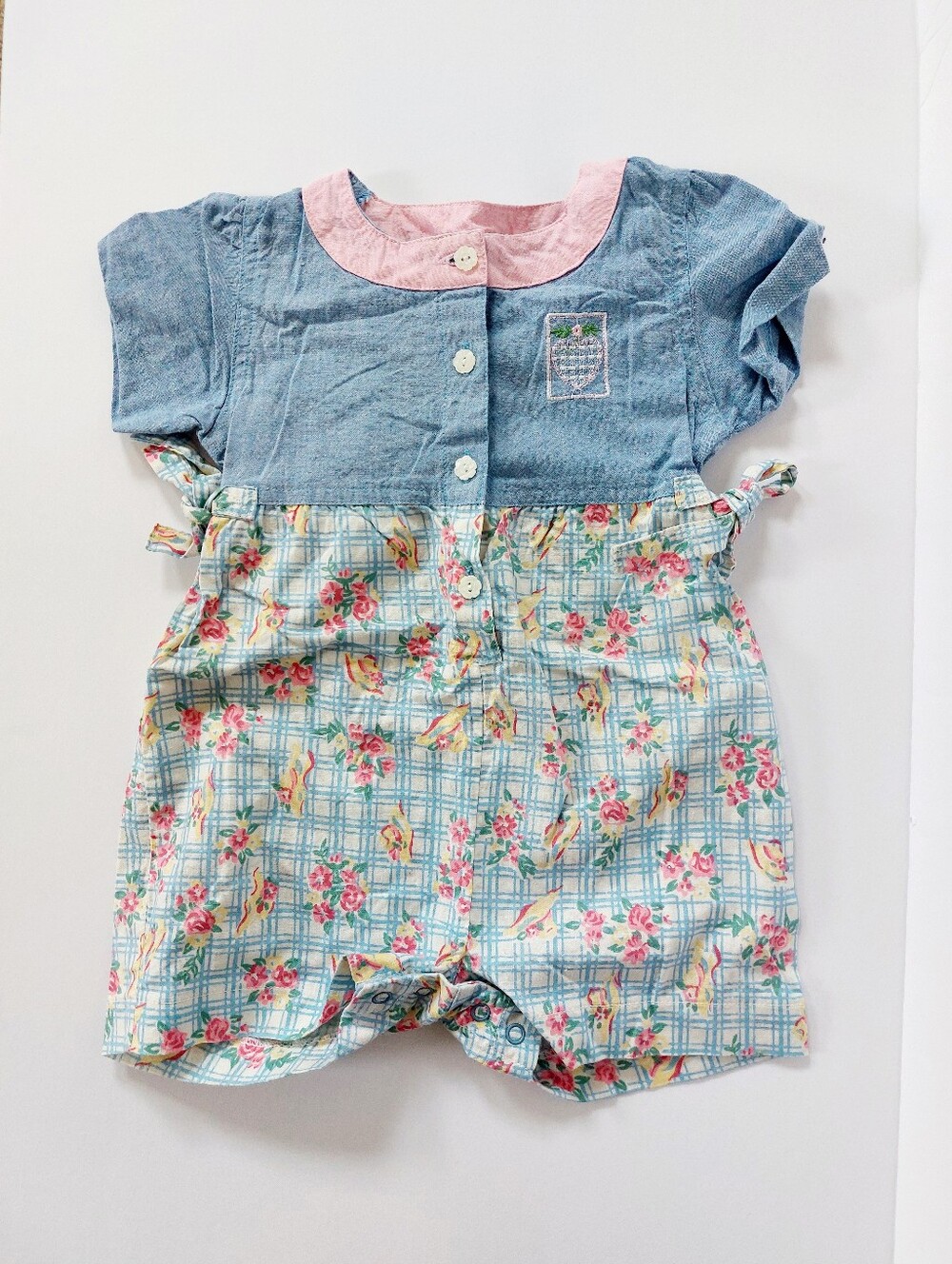 VTG 90s Cottagecore Romper Plaid & Floral Sunhats with Chambray 2T Honors Granny